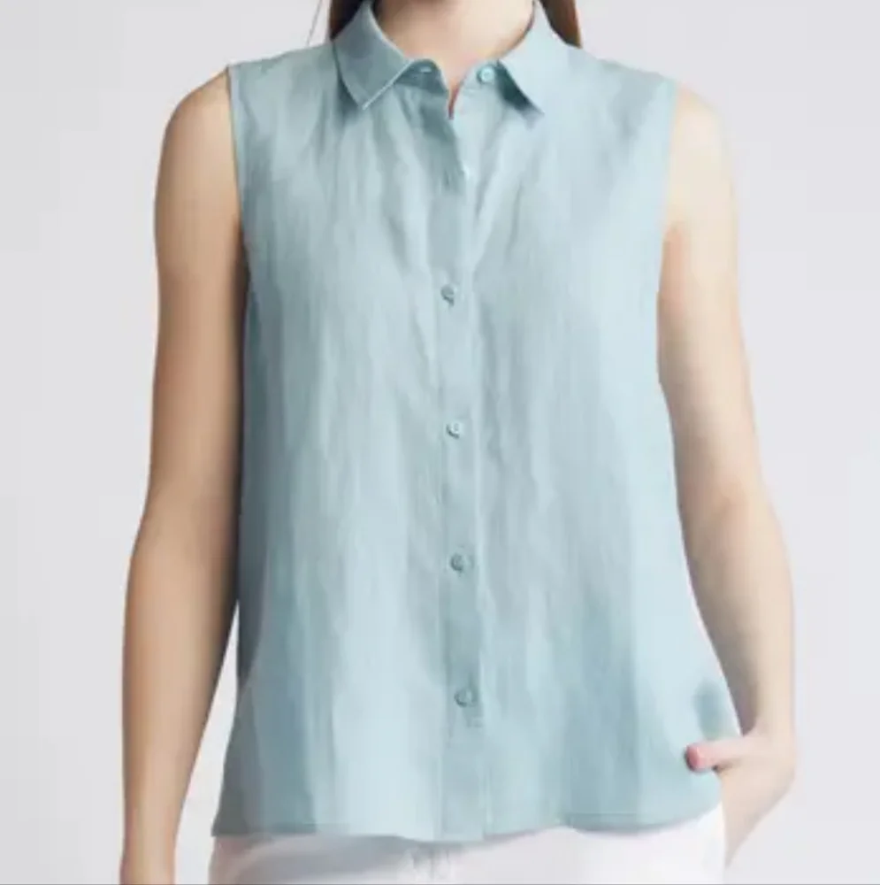 Eileen Fisher Hankerchief Linen Sleeveless Button Down Shirt Blouse Womens Small - Picture 11 of 11
